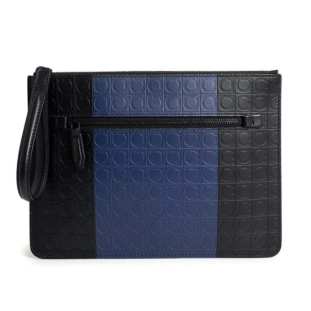 Salvatore Ferragamo Gancini Leather Black Blue Shoulder Clutch Bag